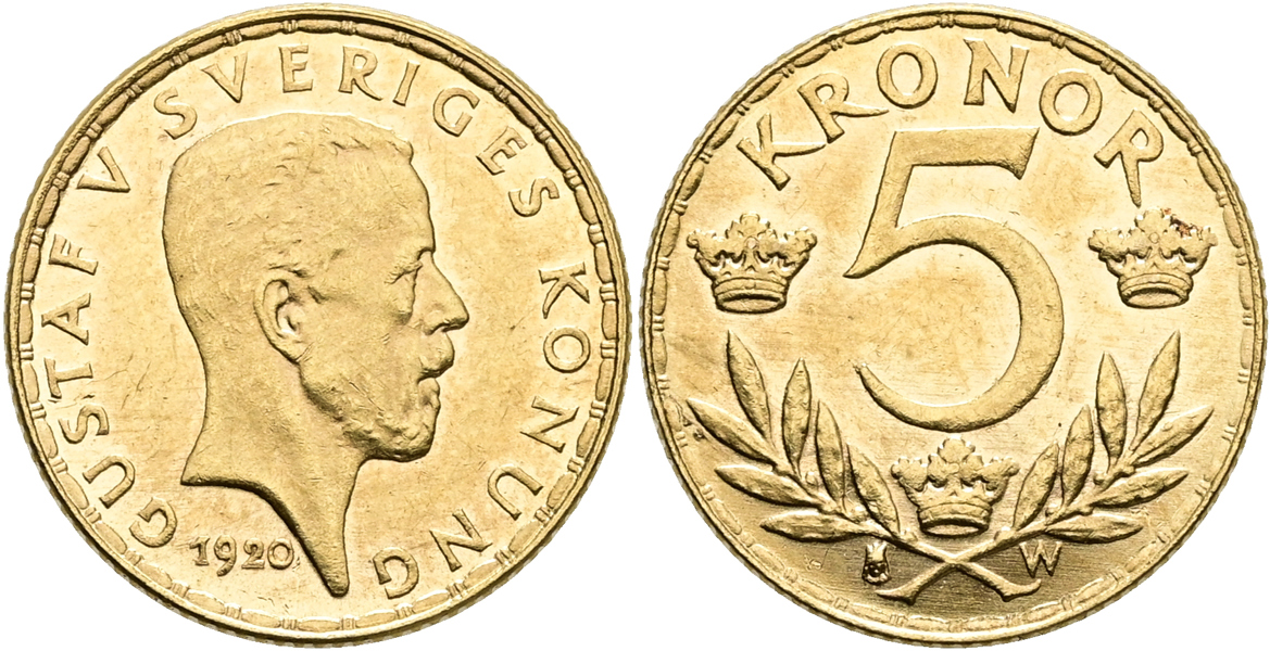 GUSTAV V (1907-1950). 5 kronor 1920