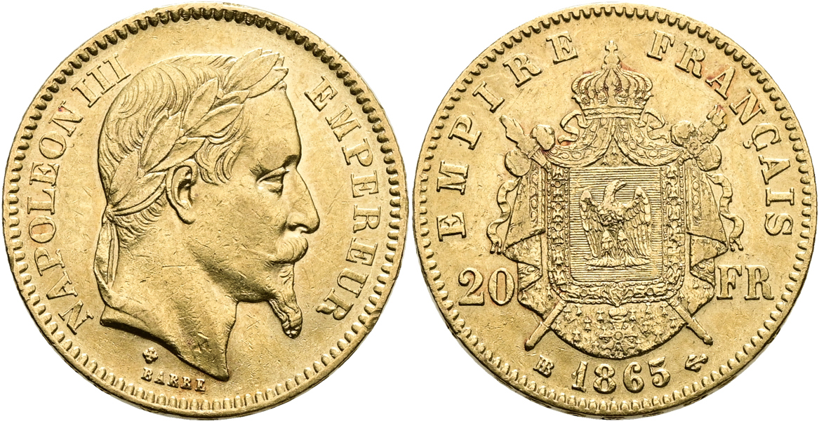 FRANKRIKE / FRANCE. 20 francs 1865