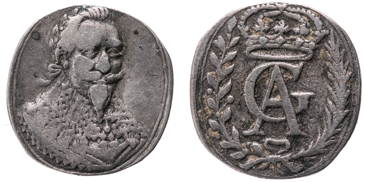 GUSTAV II ADOLF (1611-1632) Minnespenning med kungens krönta monogram GA.