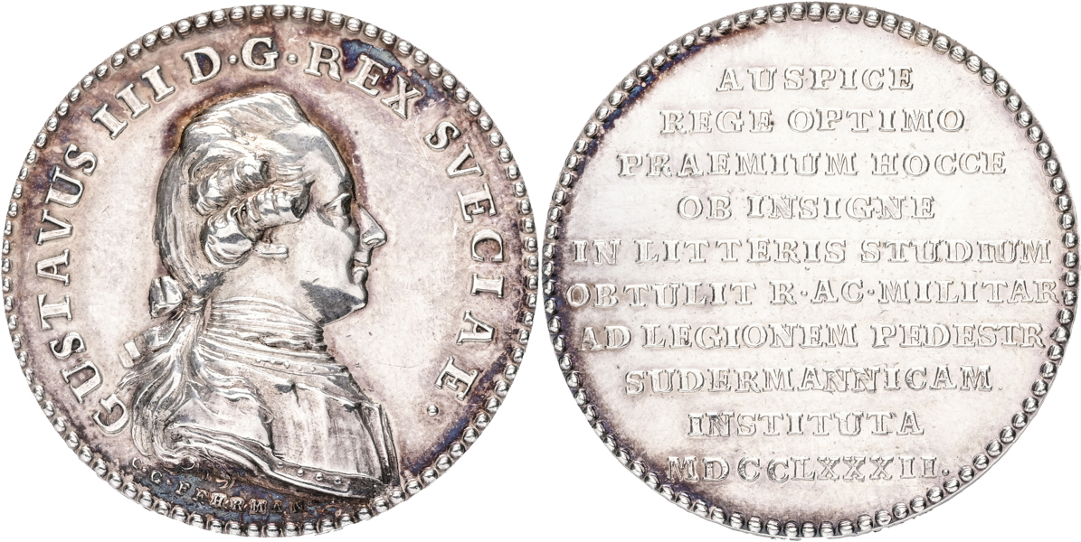 GUSTAV III (1771-1792) Kungl. Södermanlands regementes militärakademies prismedalj.