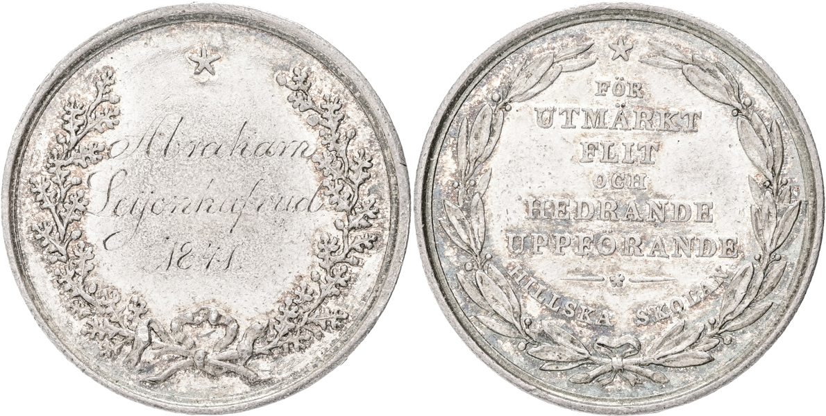 KARL XIV JOHAN (1818-1844) Belöningsmedalj för Hillska skolan i Stockholm 1841.
