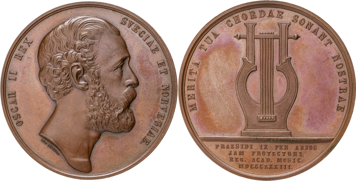 OSKAR II (1872-1907) Kungl. Musikaliska Akademiens hyllningsmedalj till Oskar II 1873.