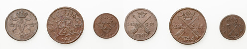 FREDRIK (1720-1751). AVESTA. 2 öre SM, 1 öre SM 1750, 1 öre KM 1749.