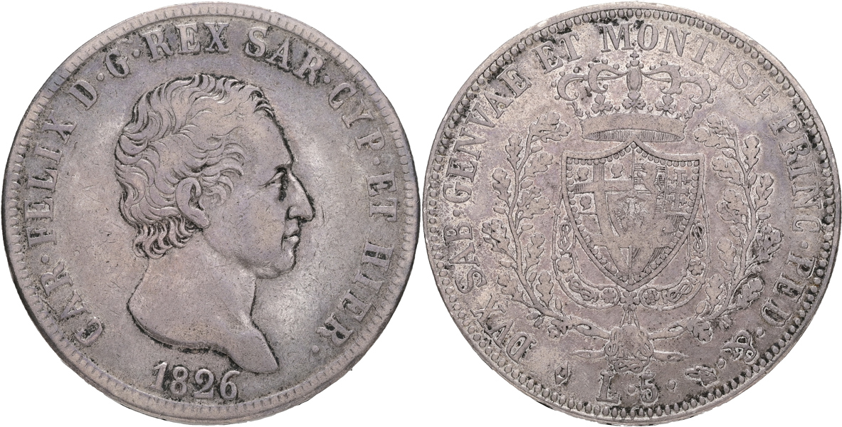 ITALIEN / ITALY. Sardinien. 5 lire 1826.