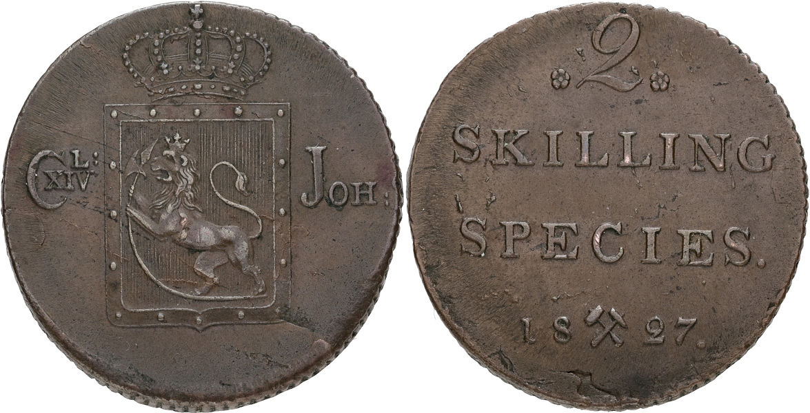 NORGE / NORWAY. 2 skilling 1827.