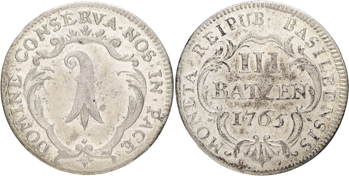 SCHWEIZ / SWITZERLAND. Basel. 3 batzen 1765.