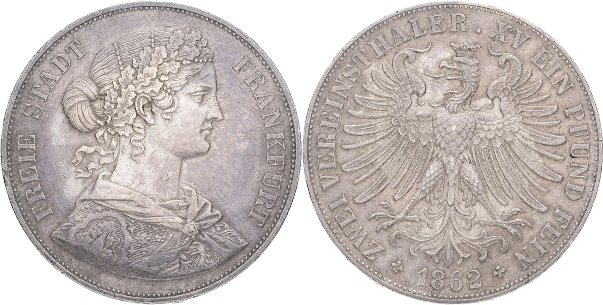 TYSKLAND / GERMANY. FRANKFURT. 2 taler 1862.