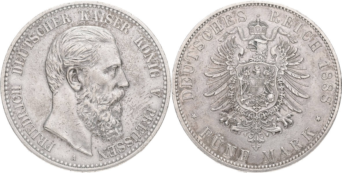 TYSKLAND / GERMANY. PREUSSEN. 5 mark 1888.
