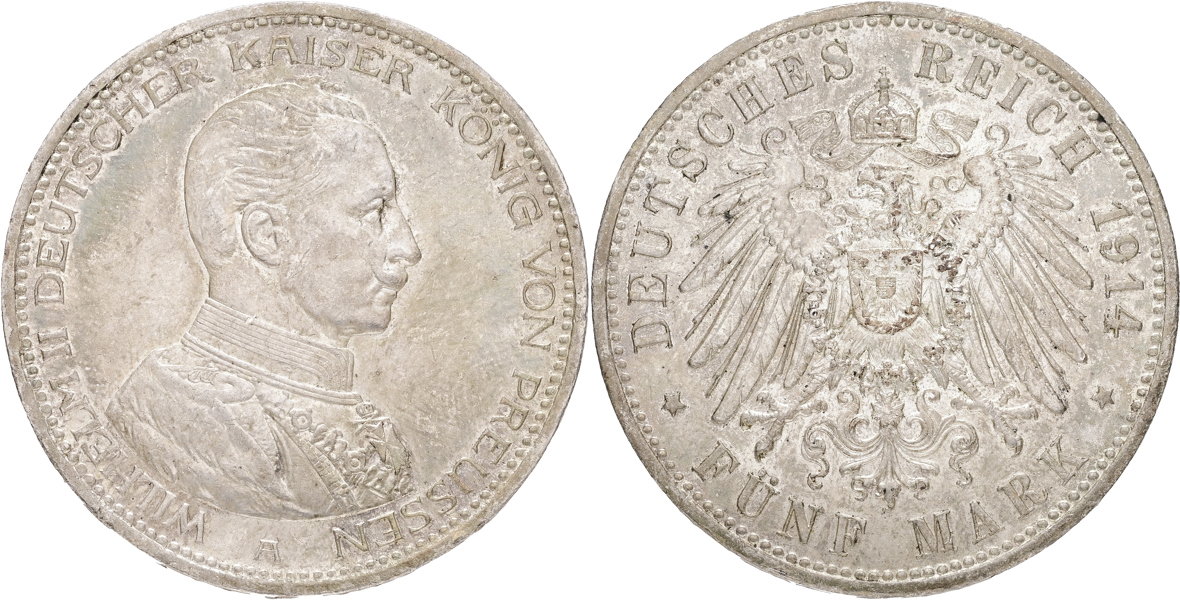 TYSKLAND / GERMANY. PREUSSEN. 5 mark 1914.