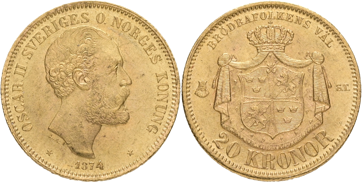 OSKAR II (1872-1907). 20 kronor 1874.