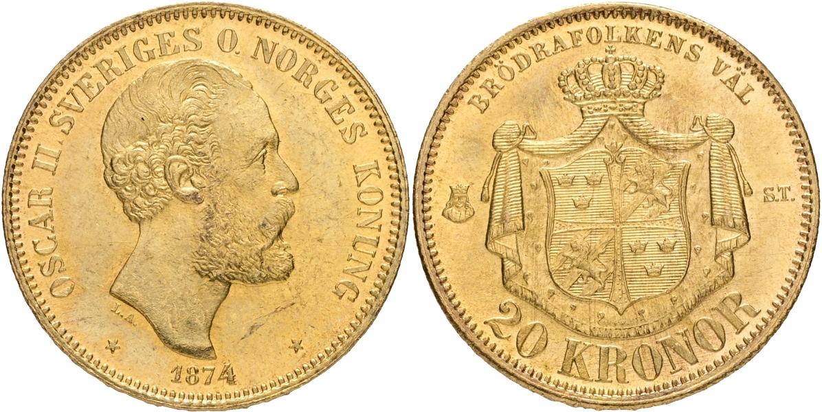 OSKAR II (1872-1907). 20 kronor 1874.