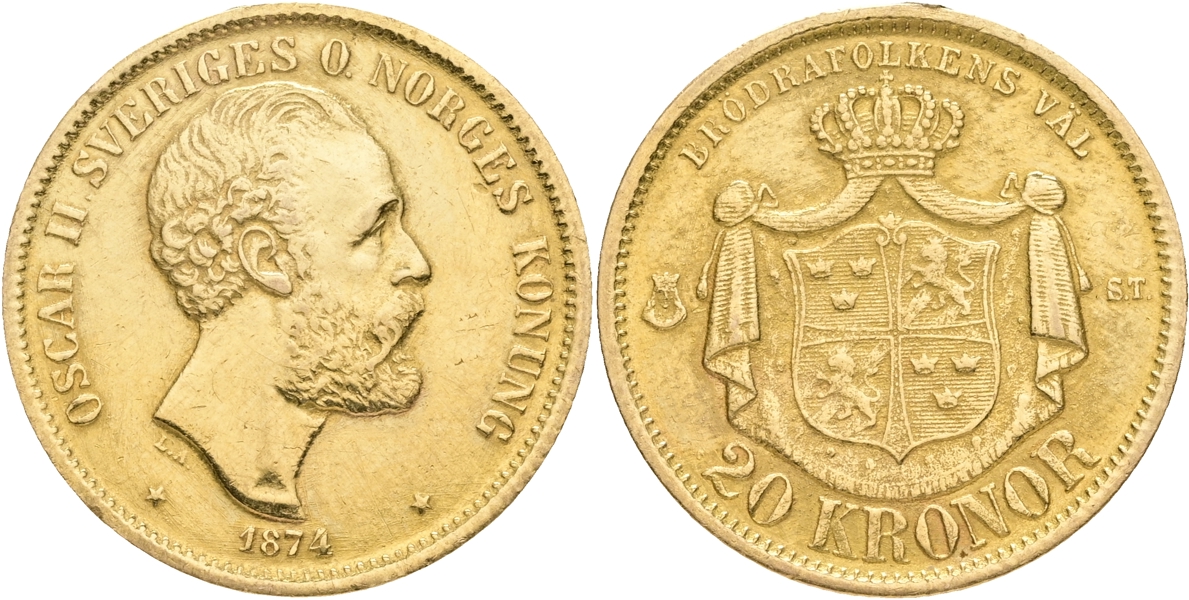 OSKAR II (1872-1907). 20 kronor 1874.