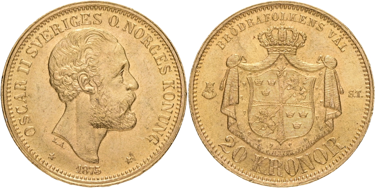 OSKAR II (1872-1907). 20 kronor 1875.