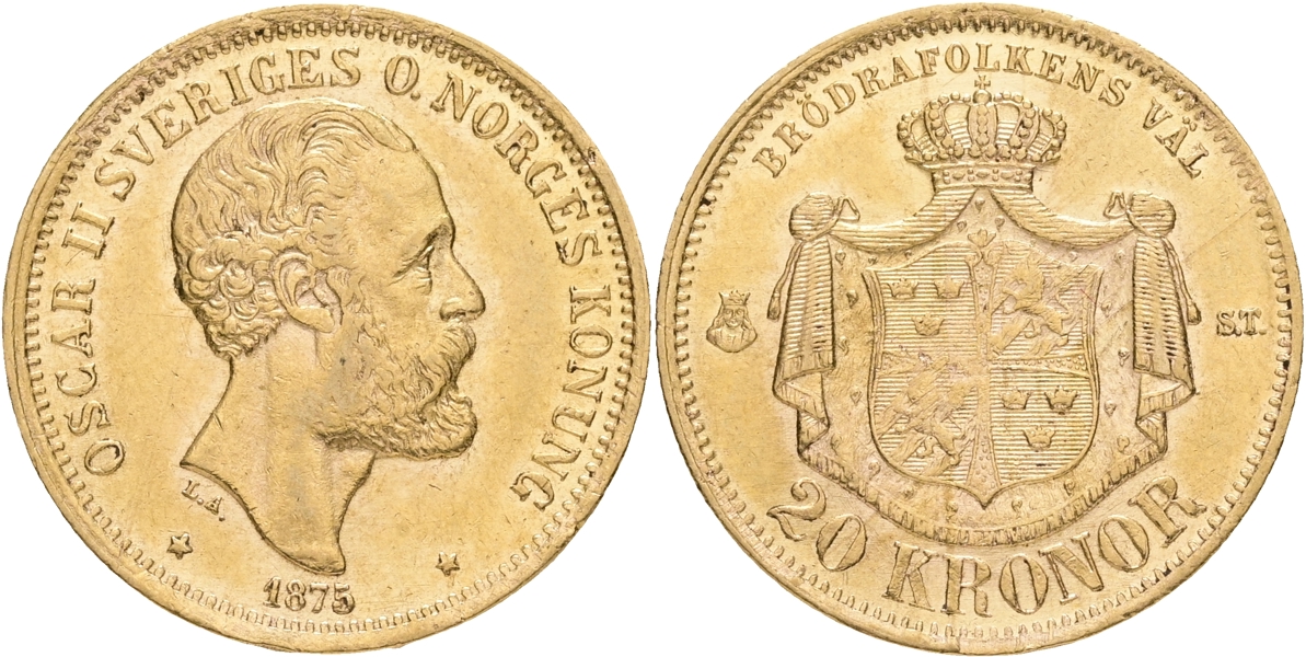OSKAR II (1872-1907). 20 kronor 1875.