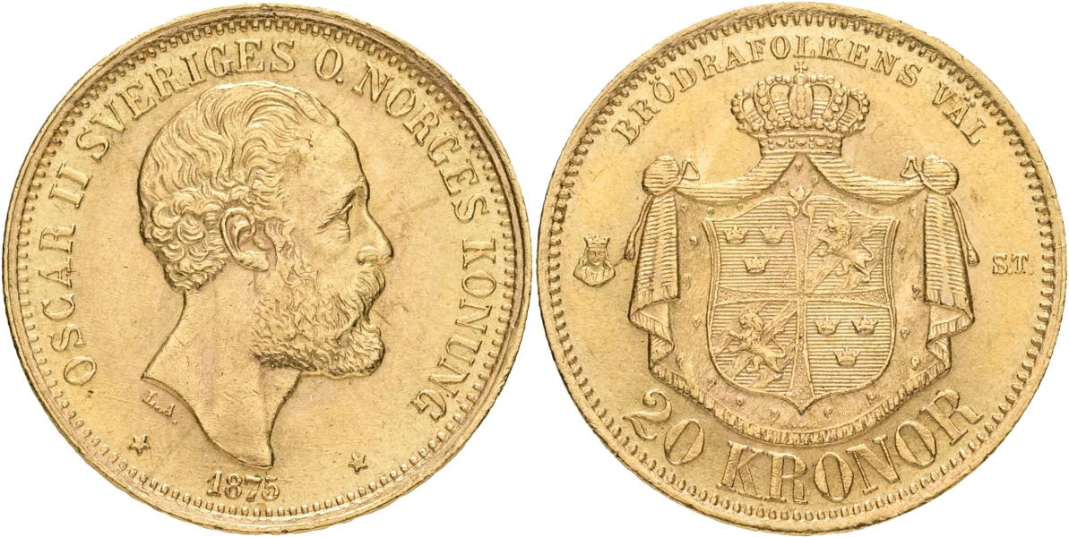 OSKAR II (1872-1907). 20 kronor 1875.