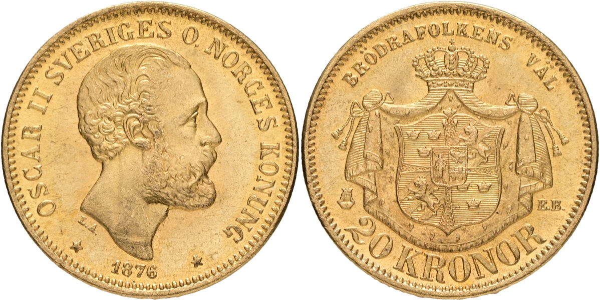 OSKAR II (1872-1907). 20 kronor 1876.