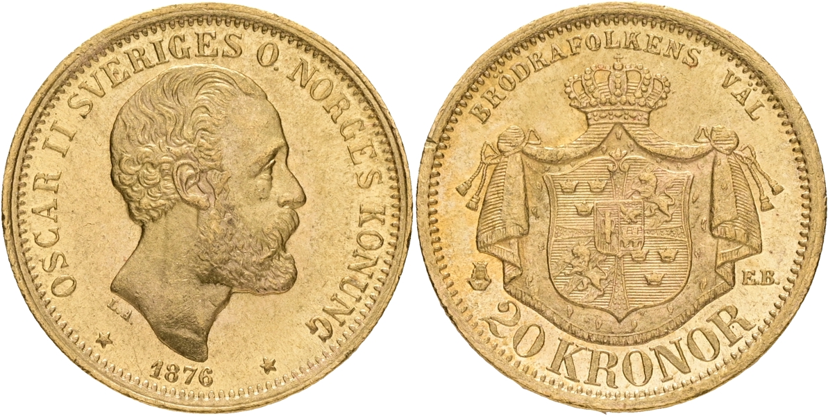 OSKAR II (1872-1907). 20 kronor 1876.