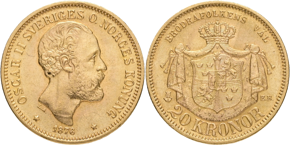 OSKAR II (1872-1907). 20 kronor 1876.
