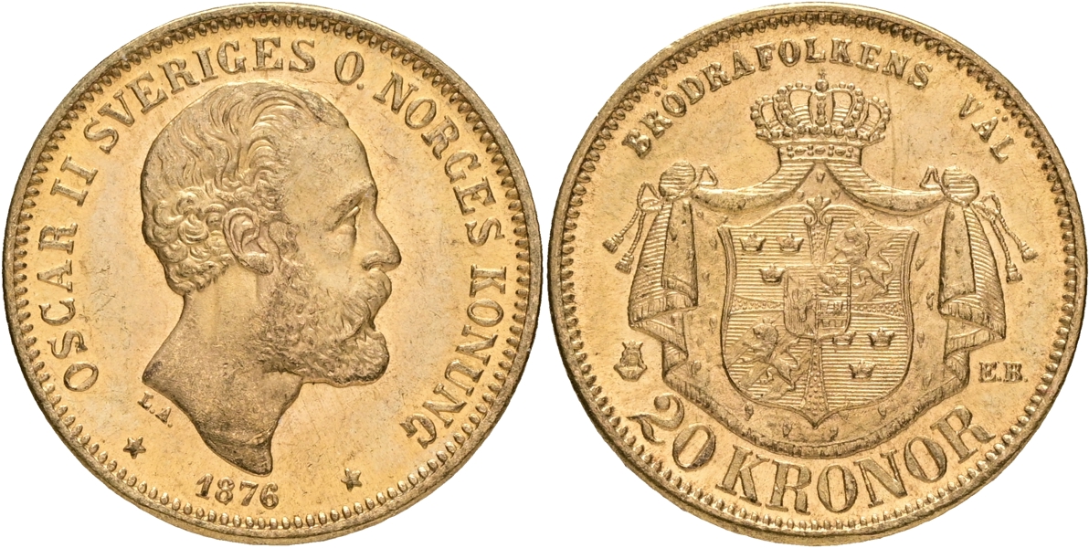 OSKAR II (1872-1907). 20 kronor 1876.