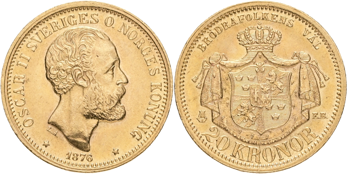 OSKAR II (1872-1907). 20 kronor 1876.
