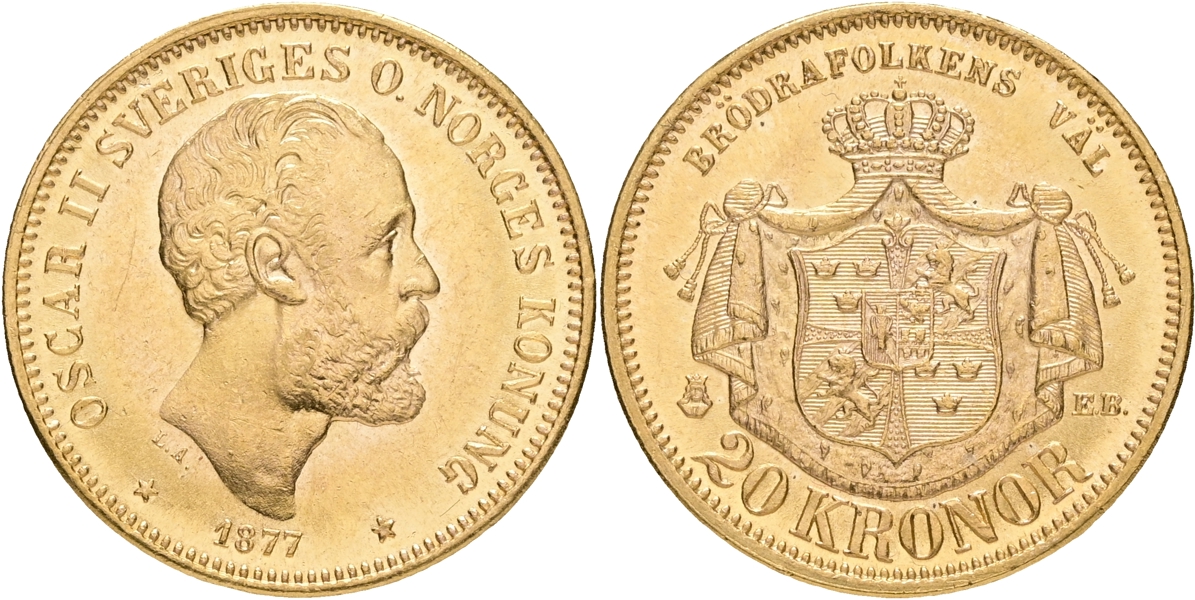 OSKAR II (1872-1907). 20 kronor 1877.