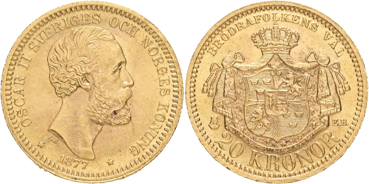 OSKAR II (1872-1907). 20 kronor 1877.