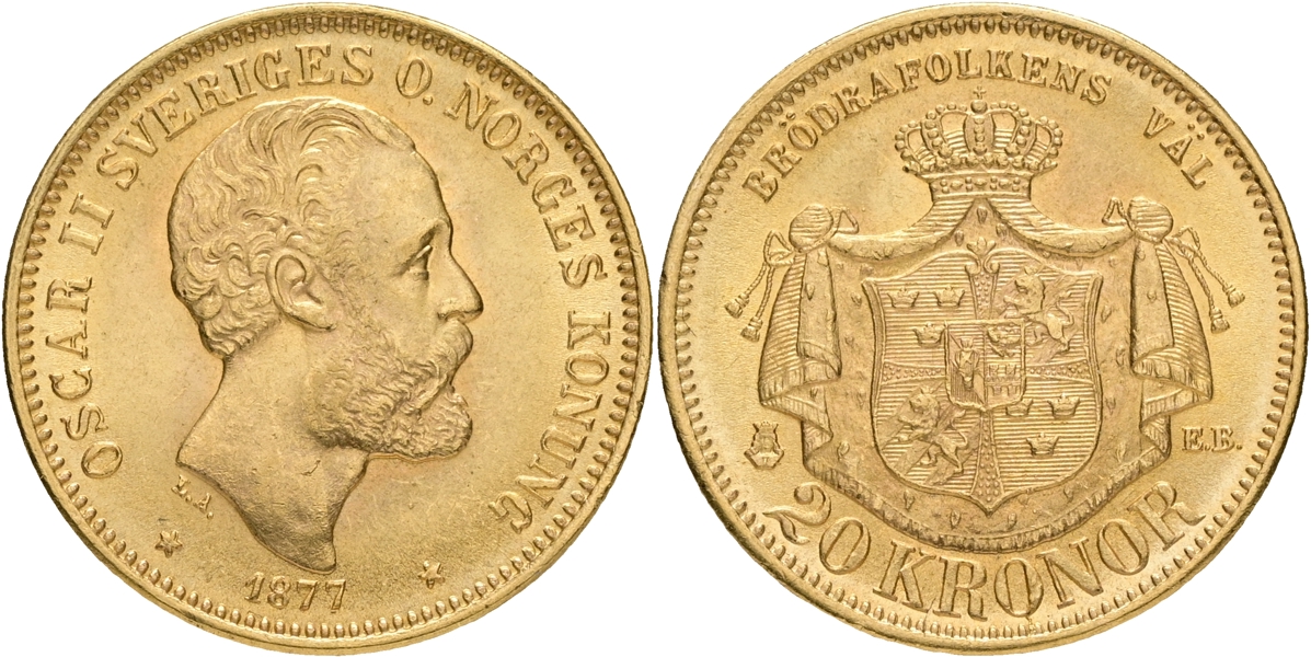 OSKAR II (1872-1907). 20 kronor 1877.