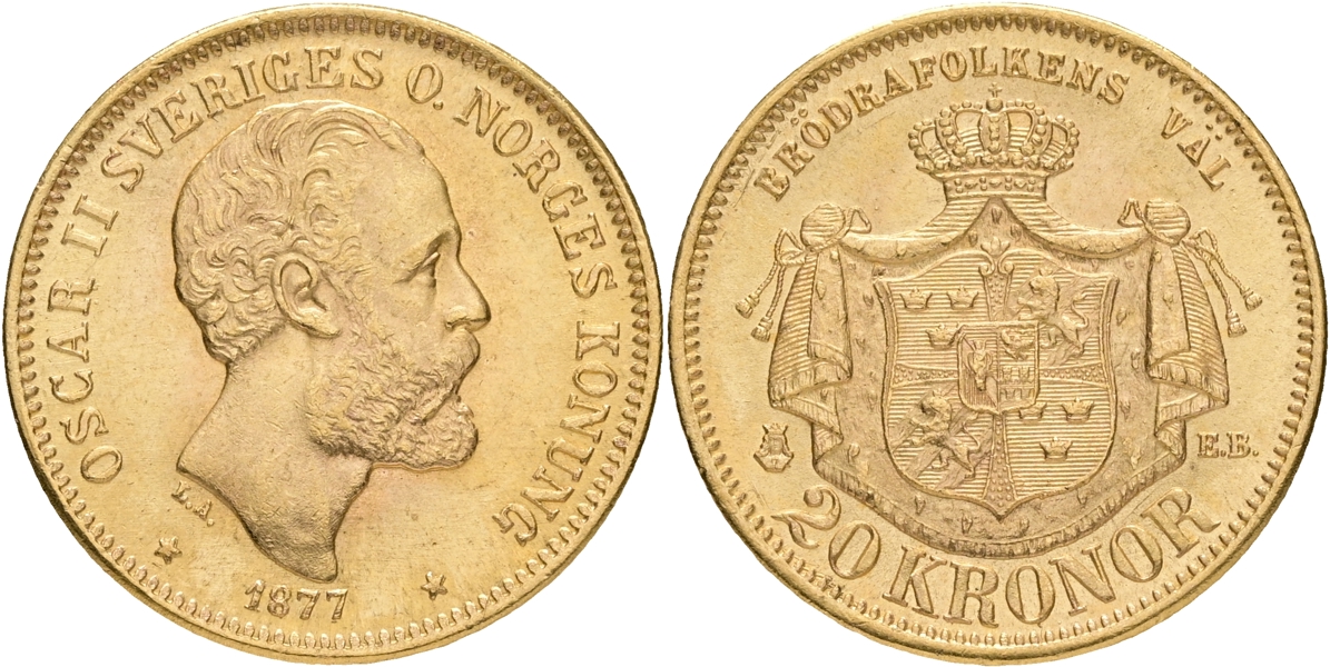 OSKAR II (1872-1907). 20 kronor 1877.