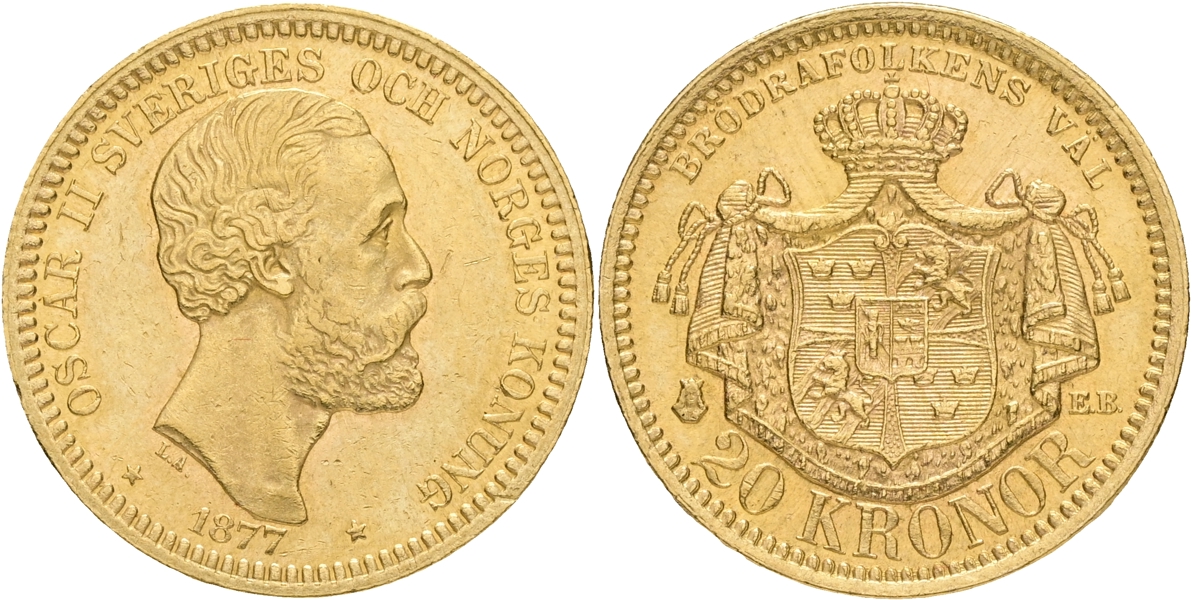 OSKAR II (1872-1907). 20 kronor 1877.
