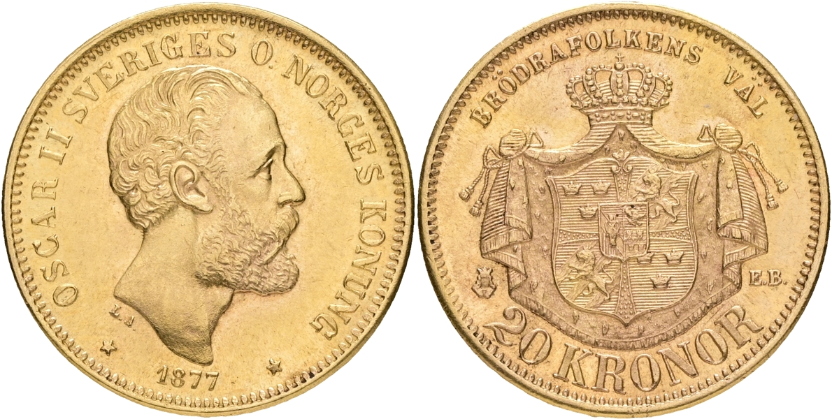 OSKAR II (1872-1907). 20 kronor 1877.