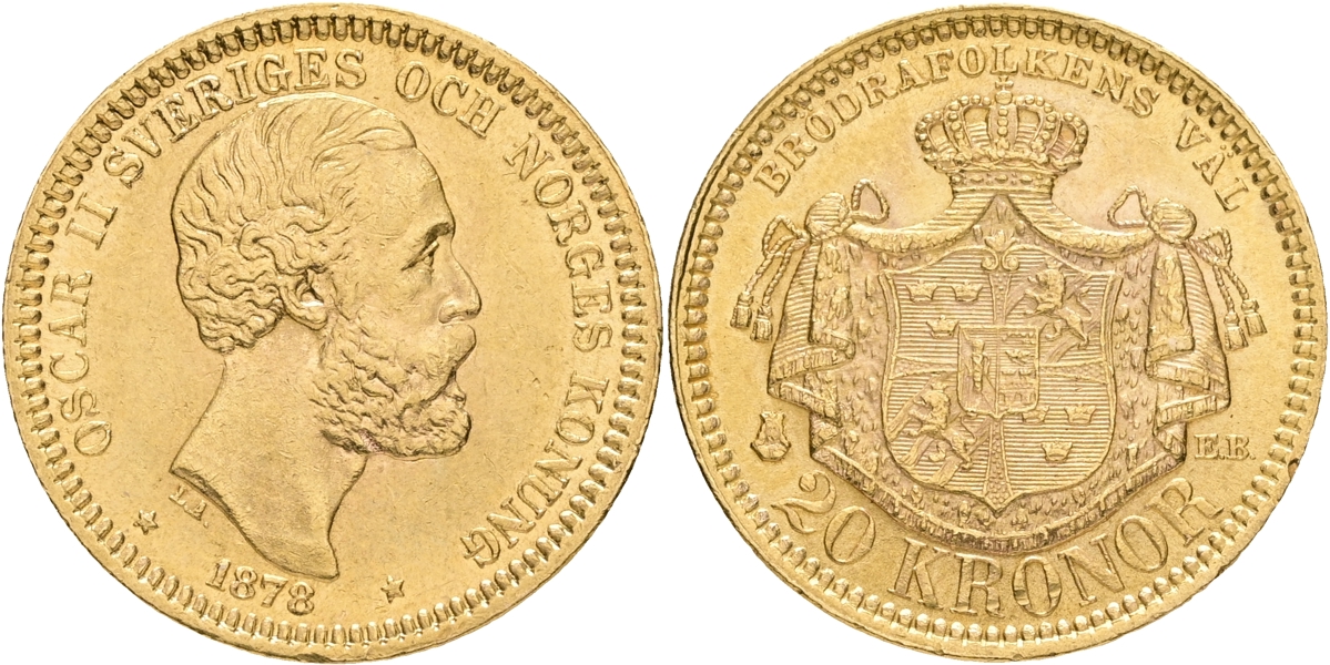 OSKAR II (1872-1907). 20 kronor 1878.