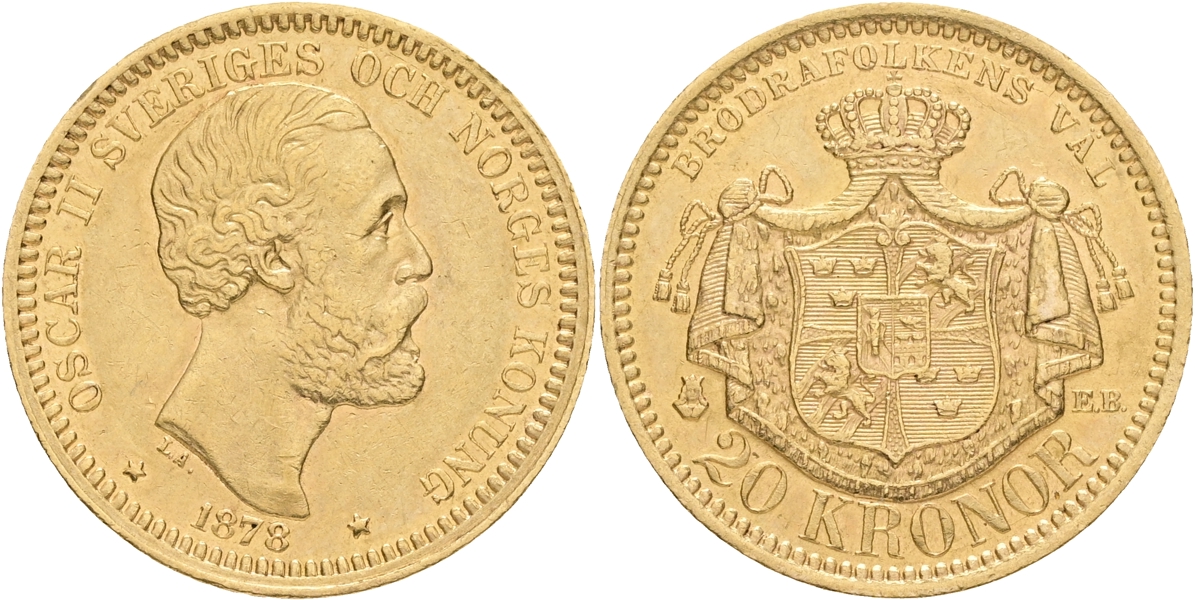 OSKAR II (1872-1907). 20 kronor 1878.