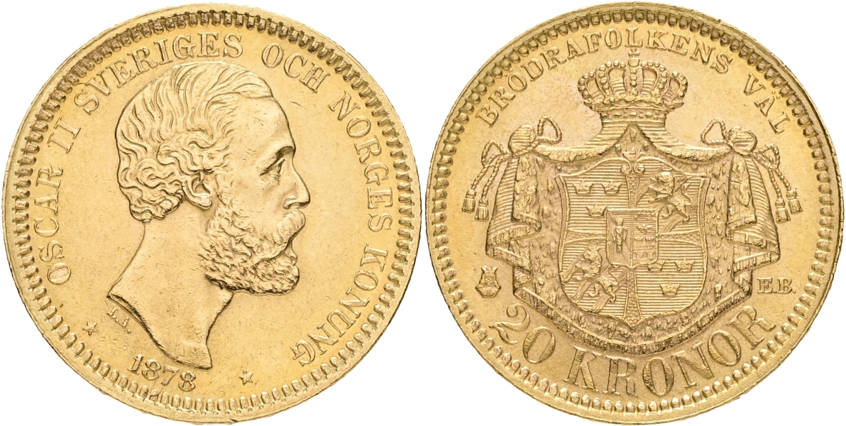 OSKAR II (1872-1907). 20 kronor 1878.