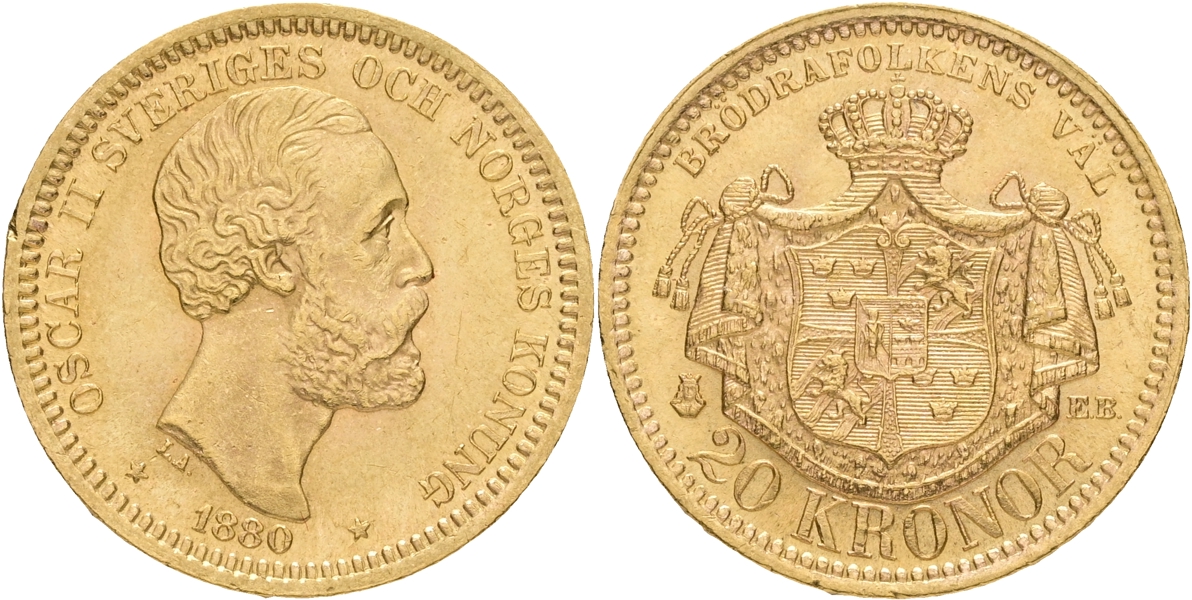 OSKAR II (1872-1907). 20 kronor 1880.