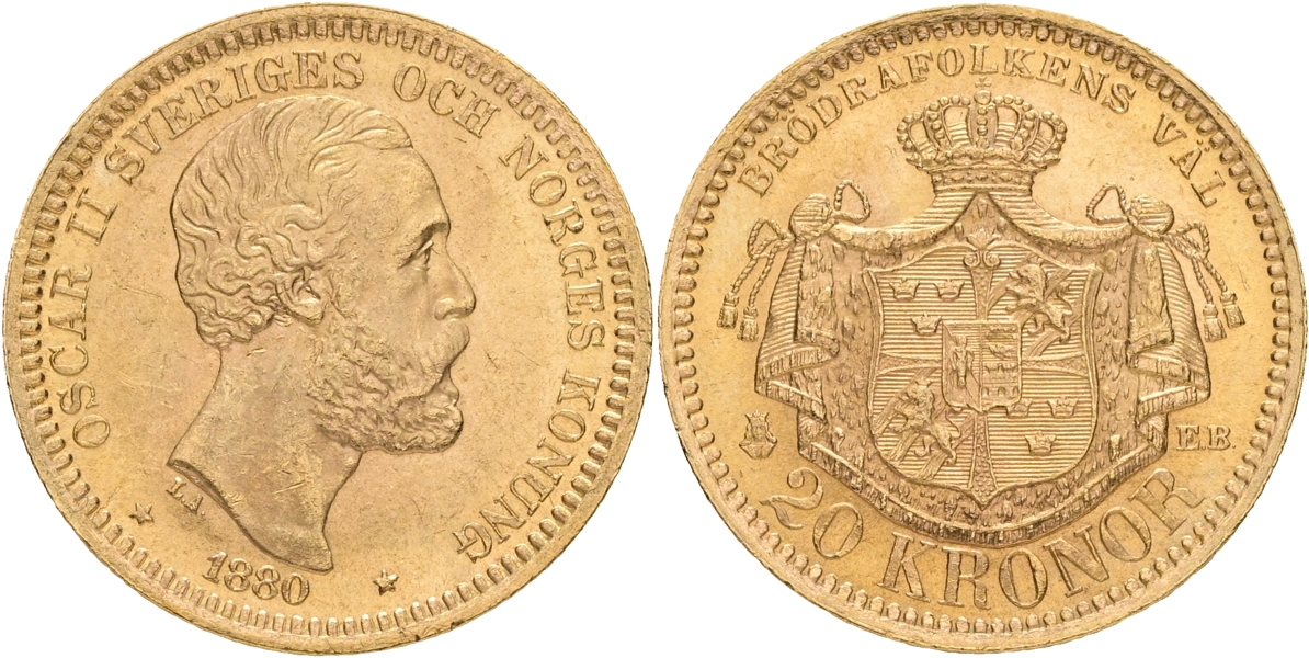 OSKAR II (1872-1907). 20 kronor 1880.