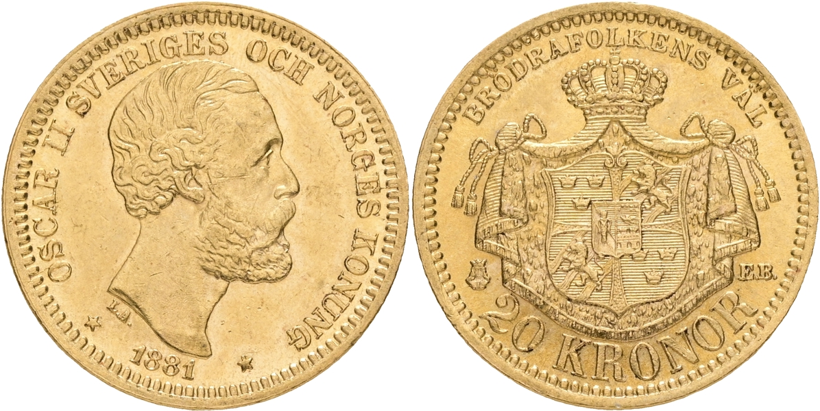 OSKAR II (1872-1907). 20 kronor 1881.