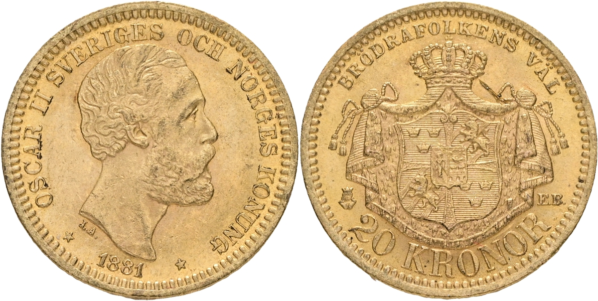 OSKAR II (1872-1907). 20 kronor 1881.
