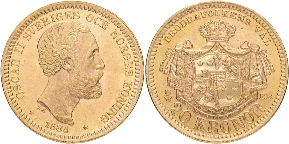 OSKAR II (1872-1907). 20 kronor 1884.