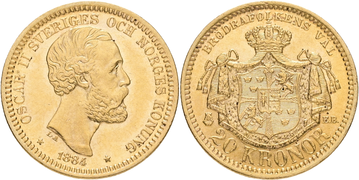 OSKAR II (1872-1907). 20 kronor 1884.