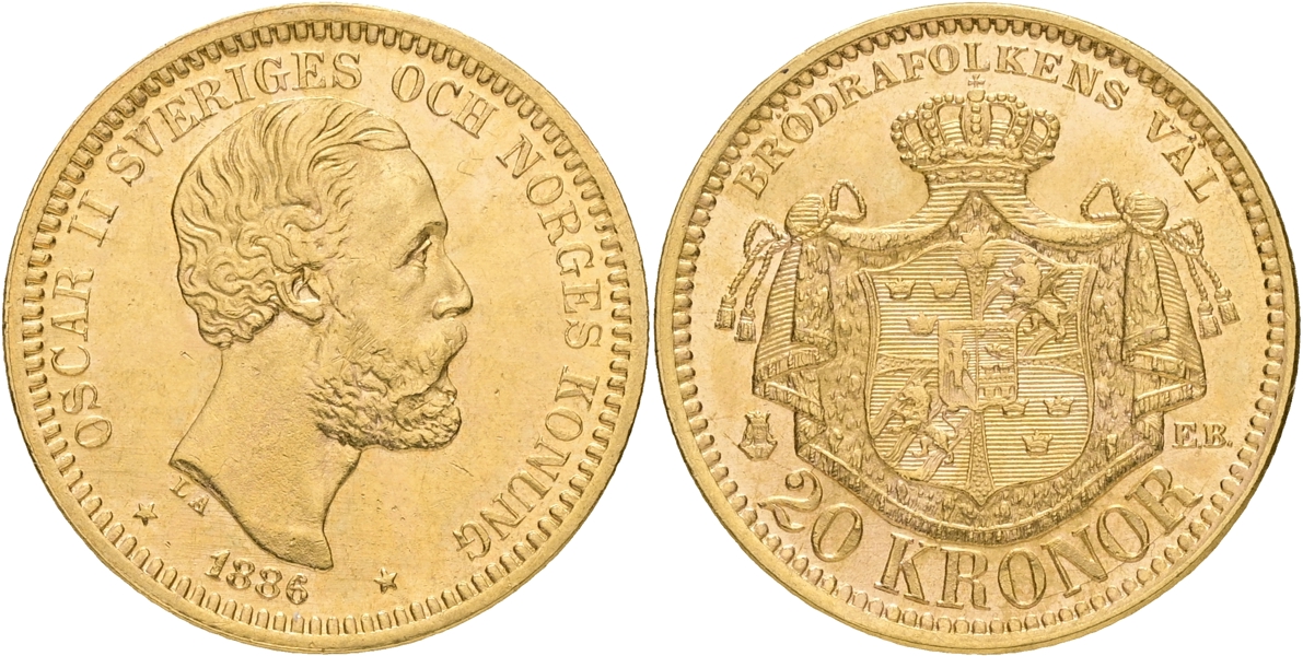 OSKAR II (1872-1907). 20 kronor 1886.