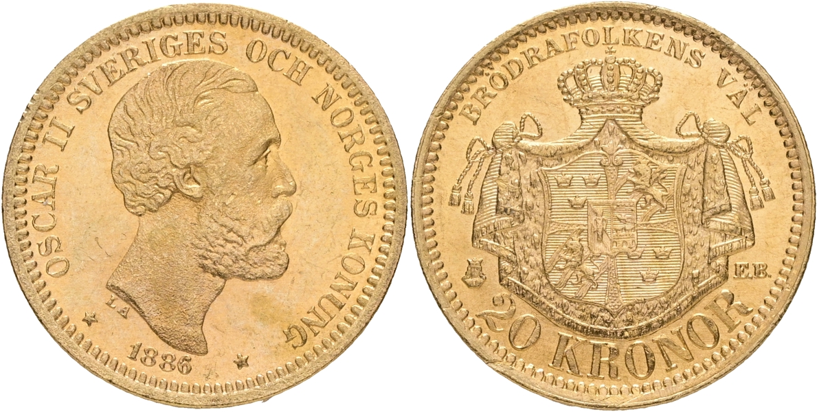 OSKAR II (1872-1907). 20 kronor 1886.