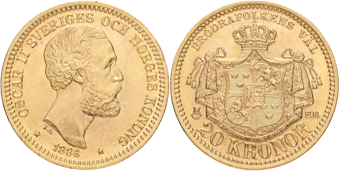 OSKAR II (1872-1907). 20 kronor 1886.