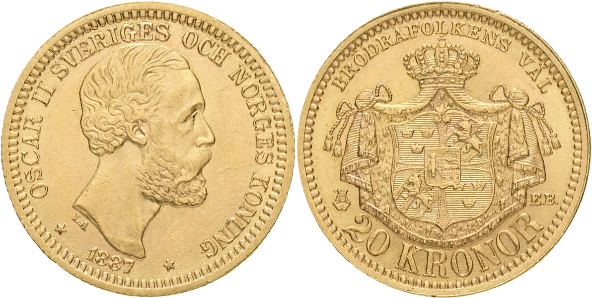 OSKAR II (1872-1907). 20 kronor 1887.