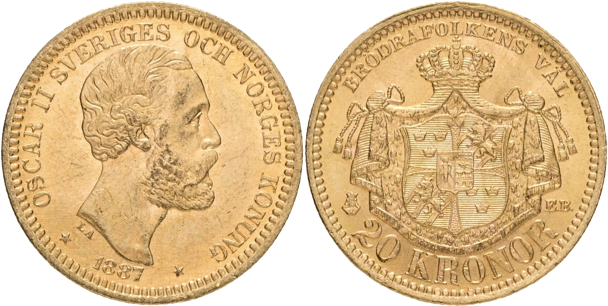 OSKAR II (1872-1907). 20 kronor 1887.