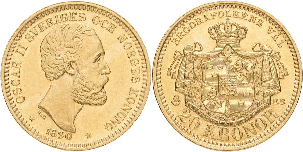 OSKAR II (1872-1907). 20 kronor 1890.