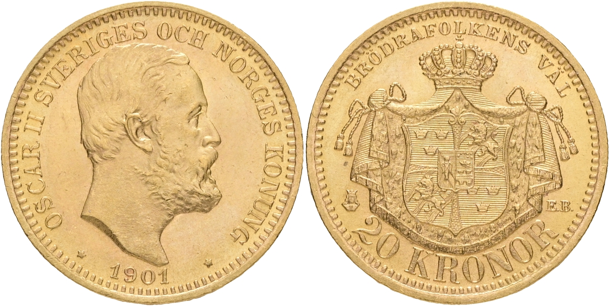 OSKAR II (1872-1907). 20 kronor 1901.