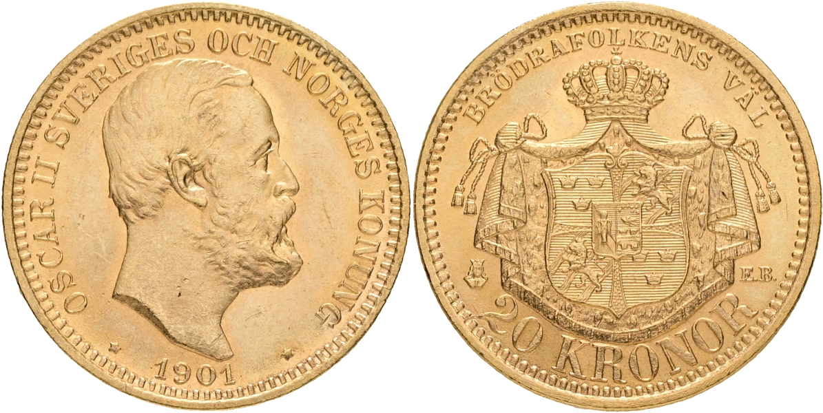 OSKAR II (1872-1907). 20 kronor 1901.