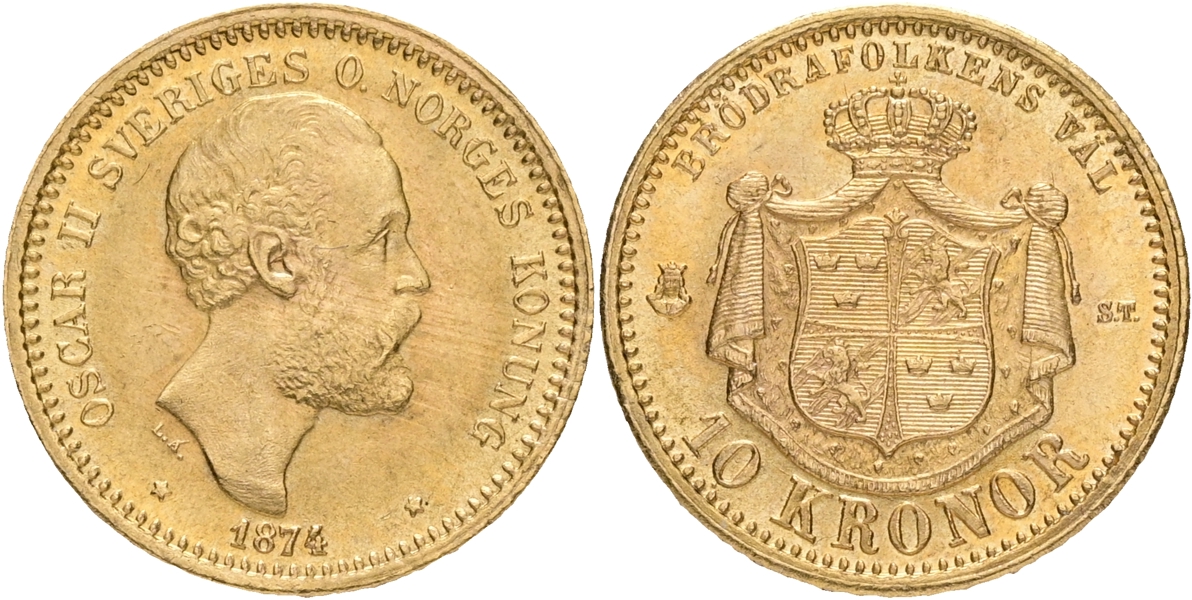 OSKAR II (1872-1907). 10 kronor 1874.