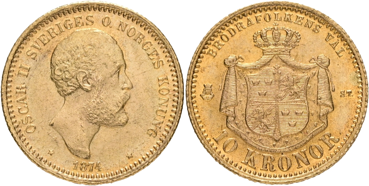 OSKAR II (1872-1907). 10 kronor 1874.