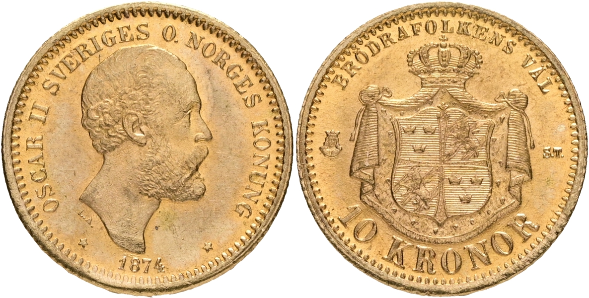 OSKAR II (1872-1907). 10 kronor 1874.